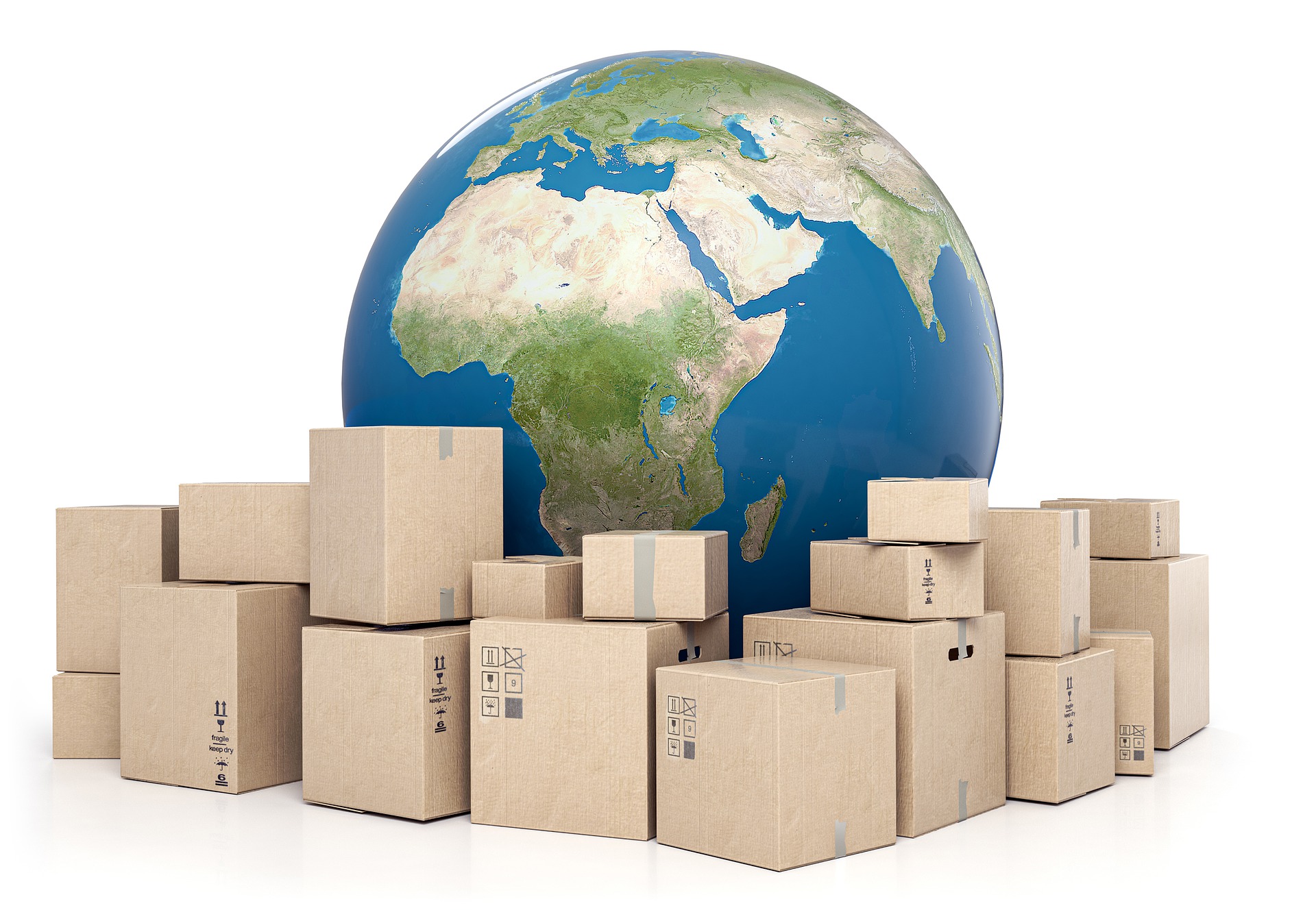 globe with stacked boxes